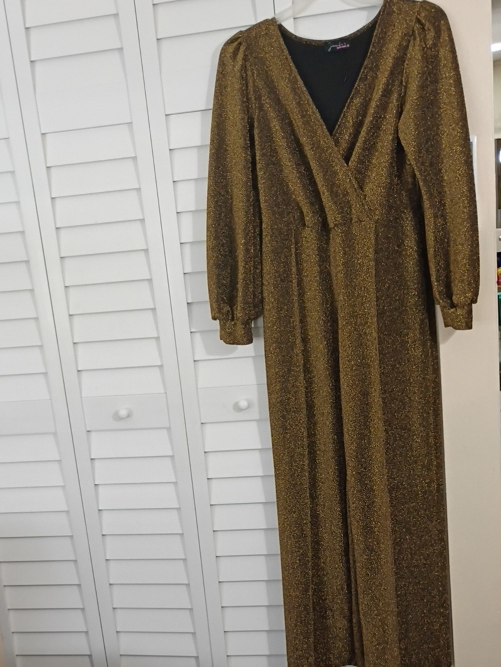 Jennifer' S Gold Metallic Long Sleeve Wrap Jumpsuit Dress
